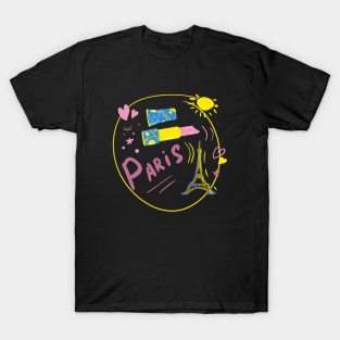 Colored drawing with a pink heart. Stylish print on the theme of Paris. T-Shirt